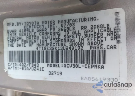 2003 Toyota Camry Le/Xle/Se from USA, damaged, VIN 4T1BE32K13U240192